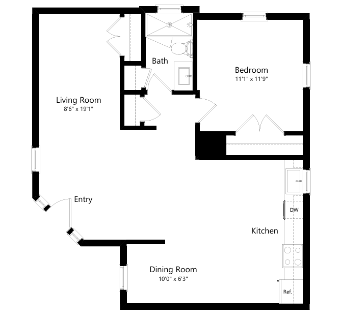 Floor plan for 1 bed, 1 bath, 700 sqft